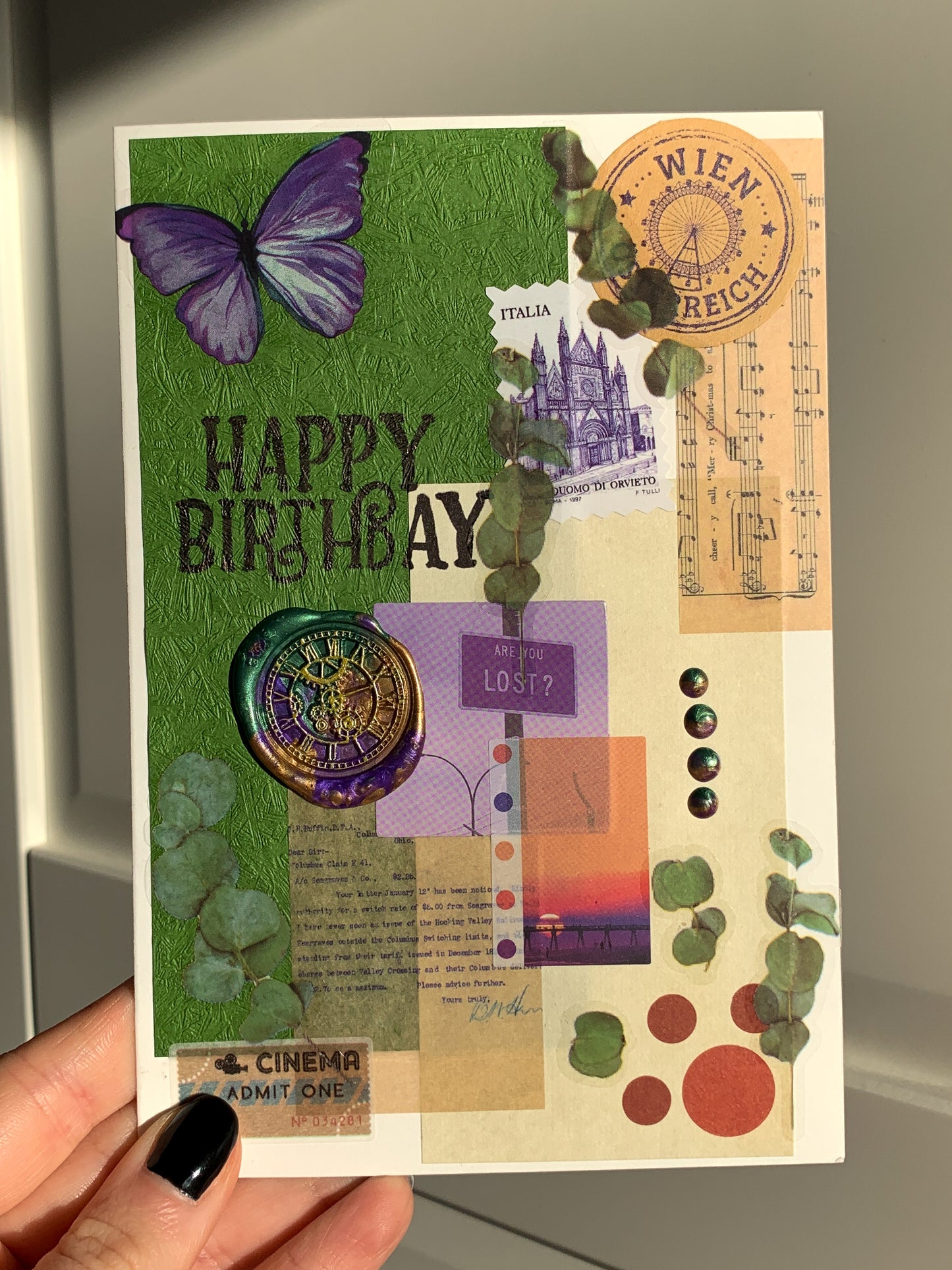 Happy Birthday Card - green, purple & brown -