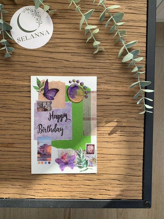 Happy Birthday Card - green, purple & brown -